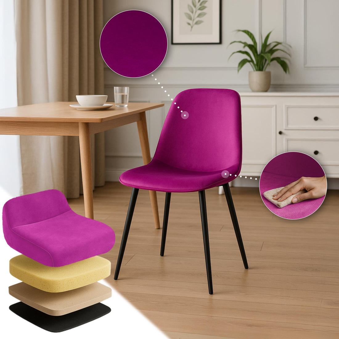 Eetkamerstoel - Keukenstoel - Hoog Zitcomfort, Fluweel of Textiel, Stevige Metalen Frame Kleur paars