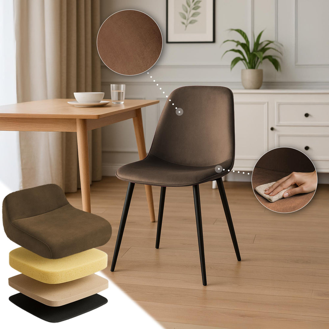 Eetkamerstoel Fluweel Bruin - Keukenstoel - Modern Design & Hoog Zitcomfort Kleur bruin