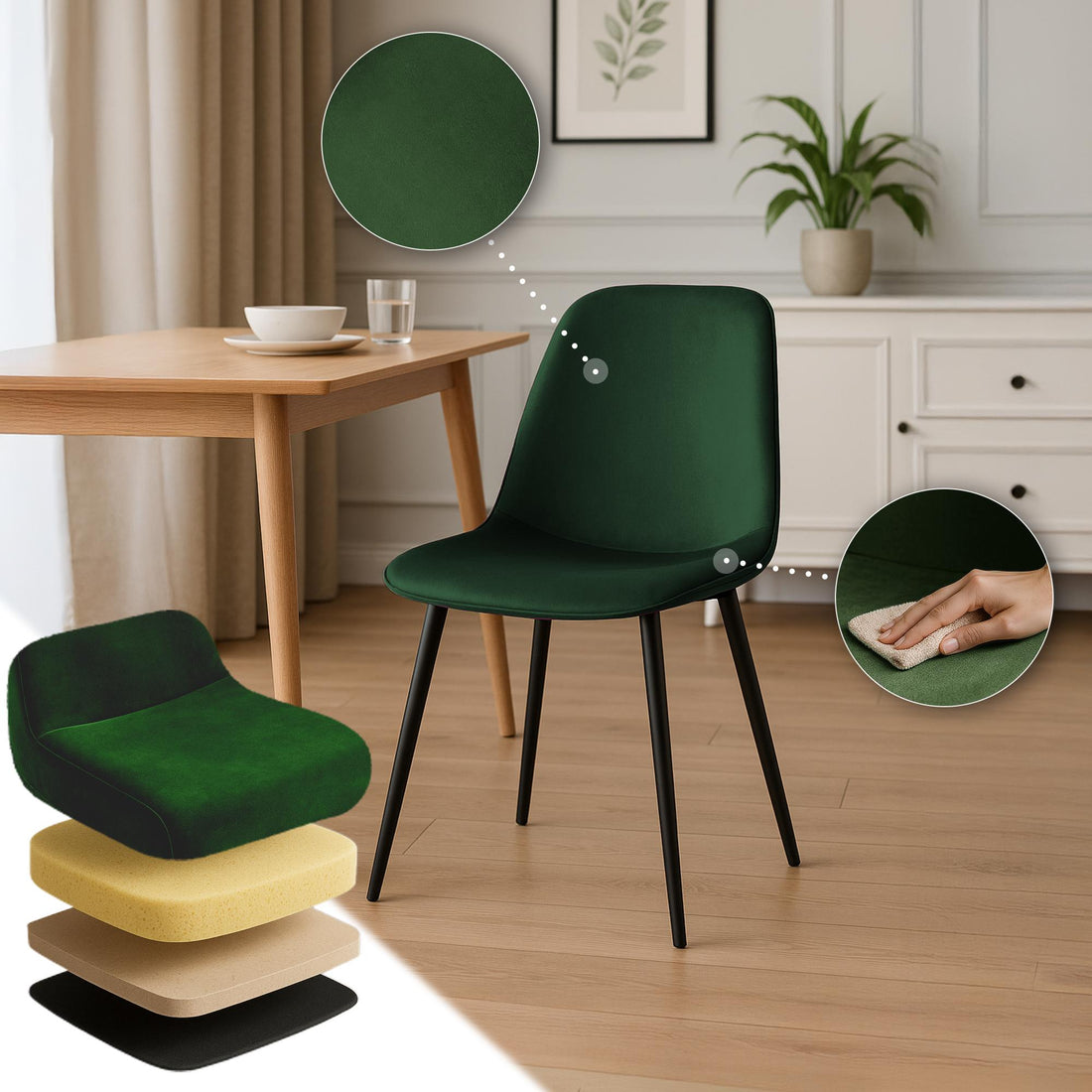 Eetkamerstoel - Keukenstoel, Hoog Zitcomfort, Fluweel Bekleding - Groen Kleur groen