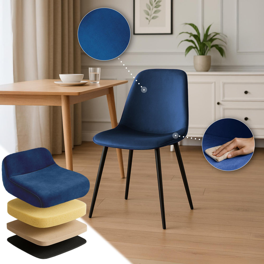 Donkerblauwe Fluwelen Eetkamerstoel - Keukenstoel - Hoog Zitcomfort, Stevig Frame Kleur donkerblauw