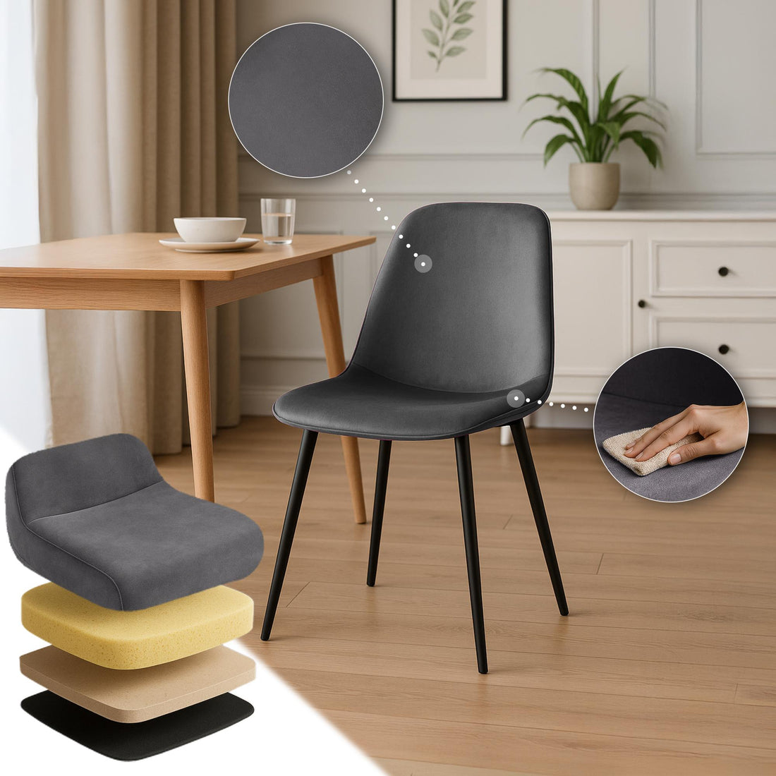 Donkergrijze Eetkamerstoel - Fluwelen Stoel, Ultiem Zitcomfort, Velvet Bekleding Kleur donkergrijs