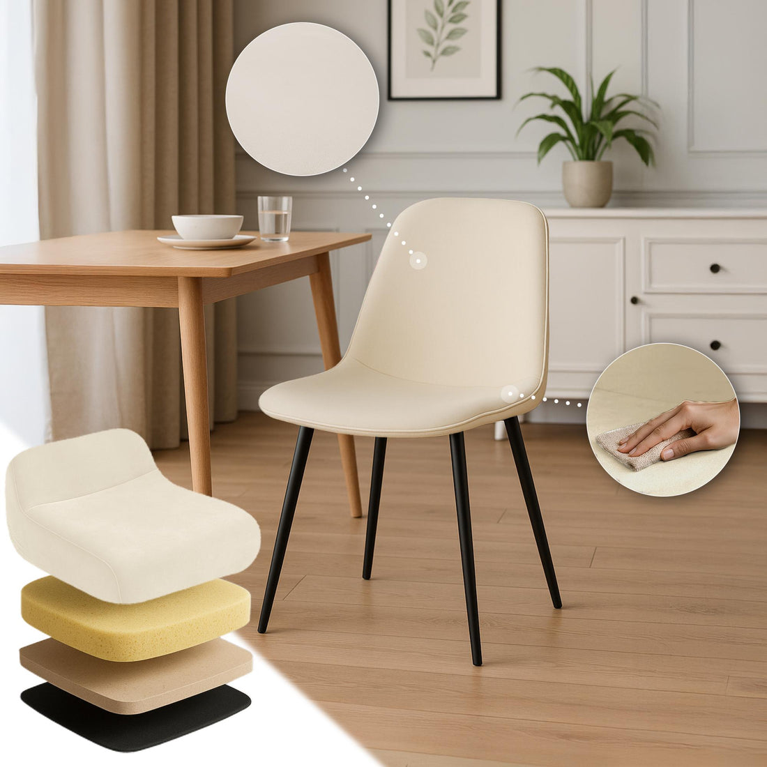 Crème Fluwelen Eetkamerstoel - Keukenstoel - Hoog Zitcomfort tot 150kg Belastbaar Kleur crème