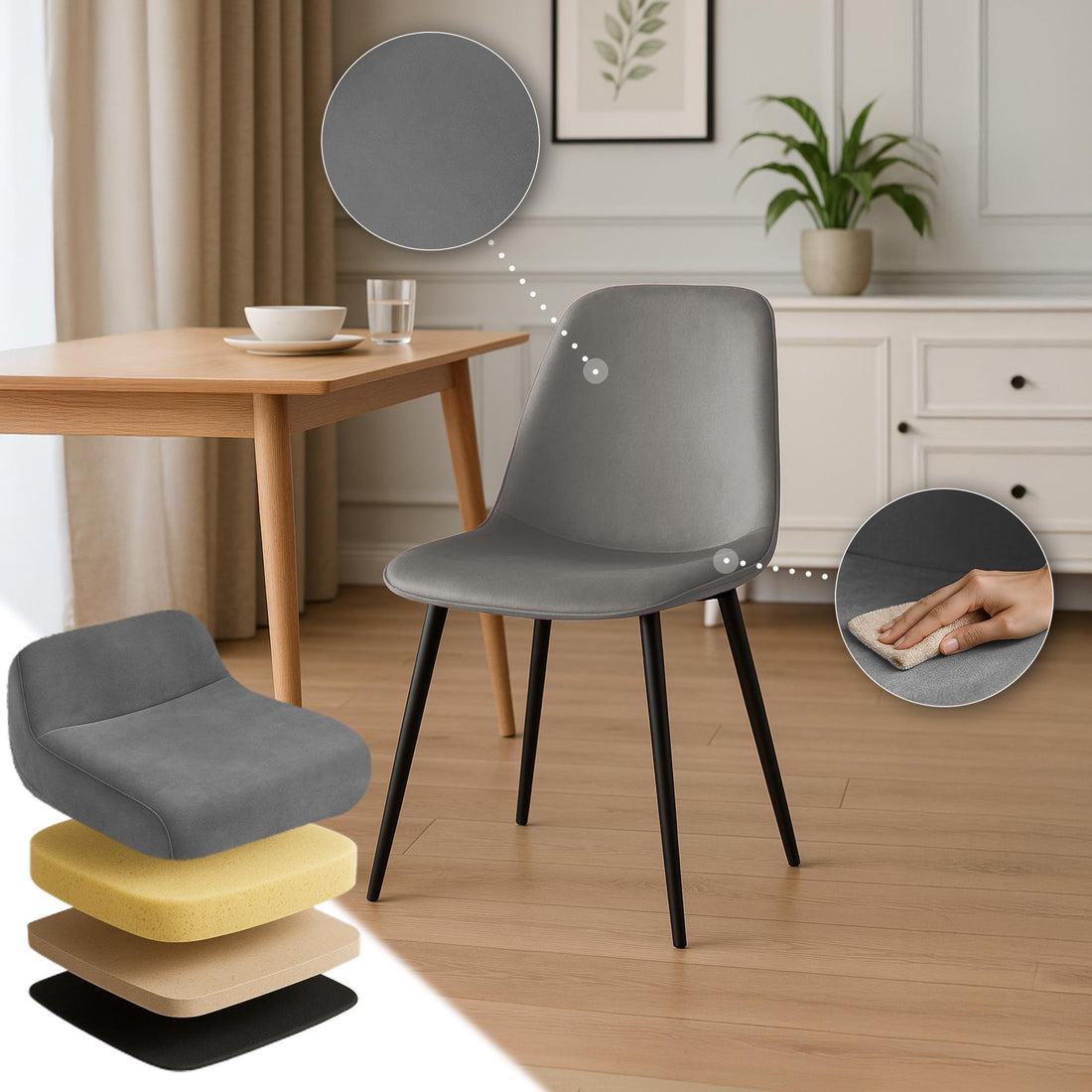 Eetkamerstoel - Dining Chair - Hoog Zitcomfort en Modern Design Kleur lichtgrijs