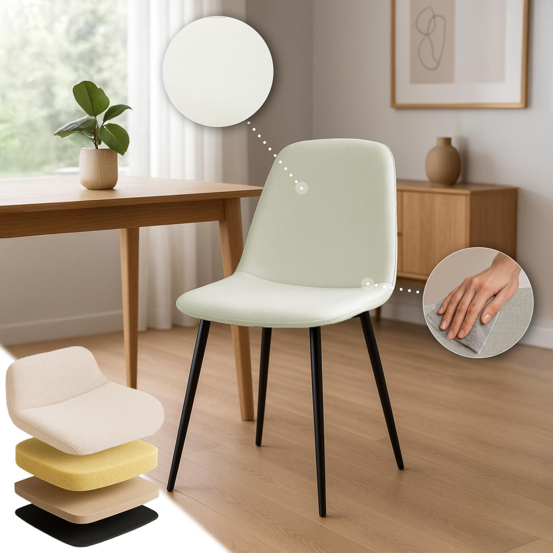 Eetkamerstoel, Gestoffeerde Stoel, Hoog Zitcomfort, Fluweel of Textiel Kleur crème