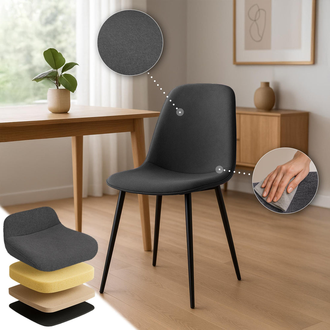 Eetkamerstoel Donkergrijs - Keukenstoel - Hoog Zitcomfort, Modern Design - Velvet/Textiel Kleur donkergrijs