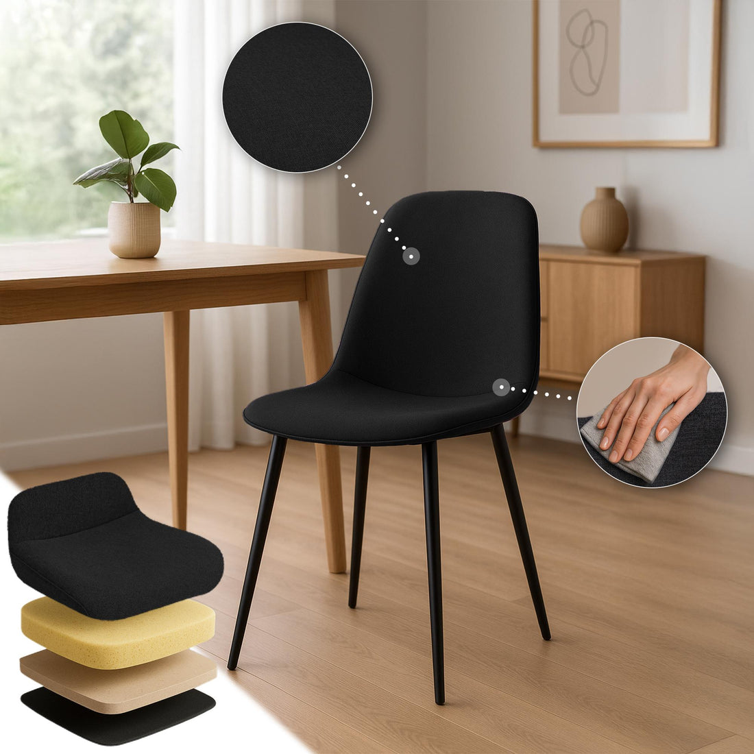 Eetkamerstoel - Dinerstoel - Hoog Zitcomfort, Zwart Metalen Frame Kleur zwart
