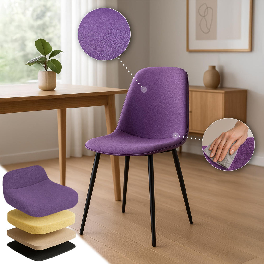 Eetkamerstoel Purper Textiel - Gestoffeerde Comfortstoel - Tijdloos Design Kleur paars