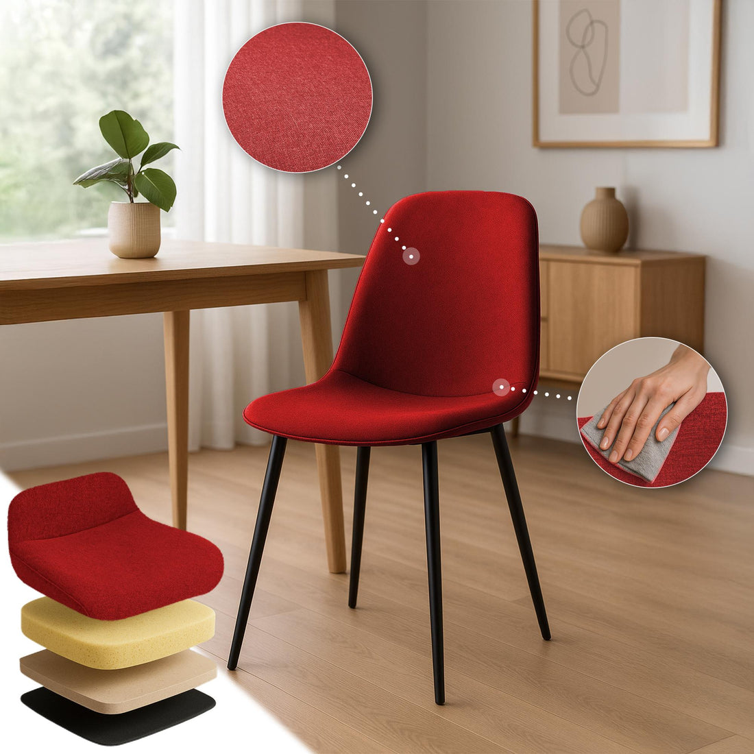 Comfortabele Eetkamerstoel - Keukenstoel - Duurzaam Textiel met Gepolijst Aluminium Frame Kleur rood