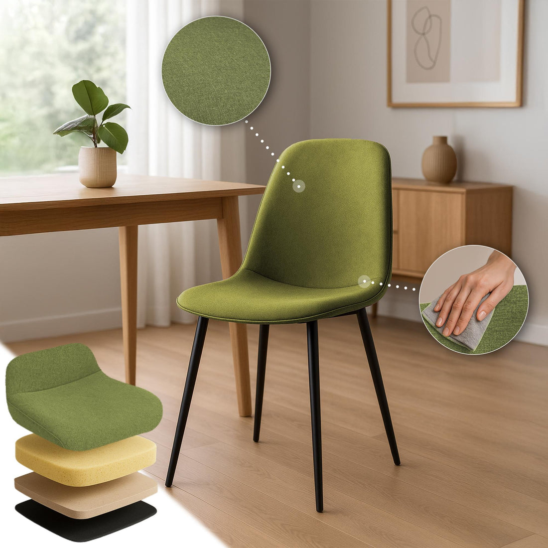 Eetkamerstoel Groene Stof - Moderne Designstoel - Hoog Zitcomfort, Zwarte Metalen Poten Kleur groen