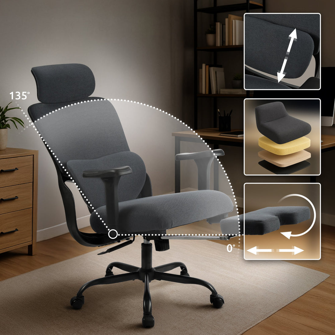 Ergonomische Bureaustoel - Kantoorstoel - Ultiem Zitcomfort, Verstelbare Hoofdsteun Kleur zwart/zwart