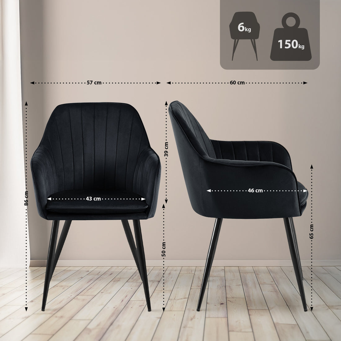 Fluwelen Eetkamerstoel - Fluwelen Zitstoel - Maximale Comfort & Elegante Look Kleur zwart