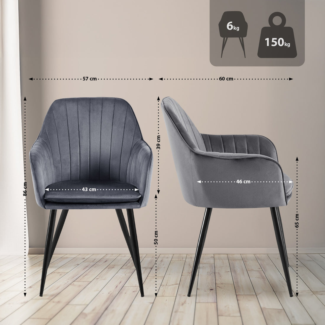 Eetkamerstoel Donkergrijs - Fluwelen Stoel - Maximaal Zitcomfort en Moderne Elegantietafelstijl Kleur donkergrijs