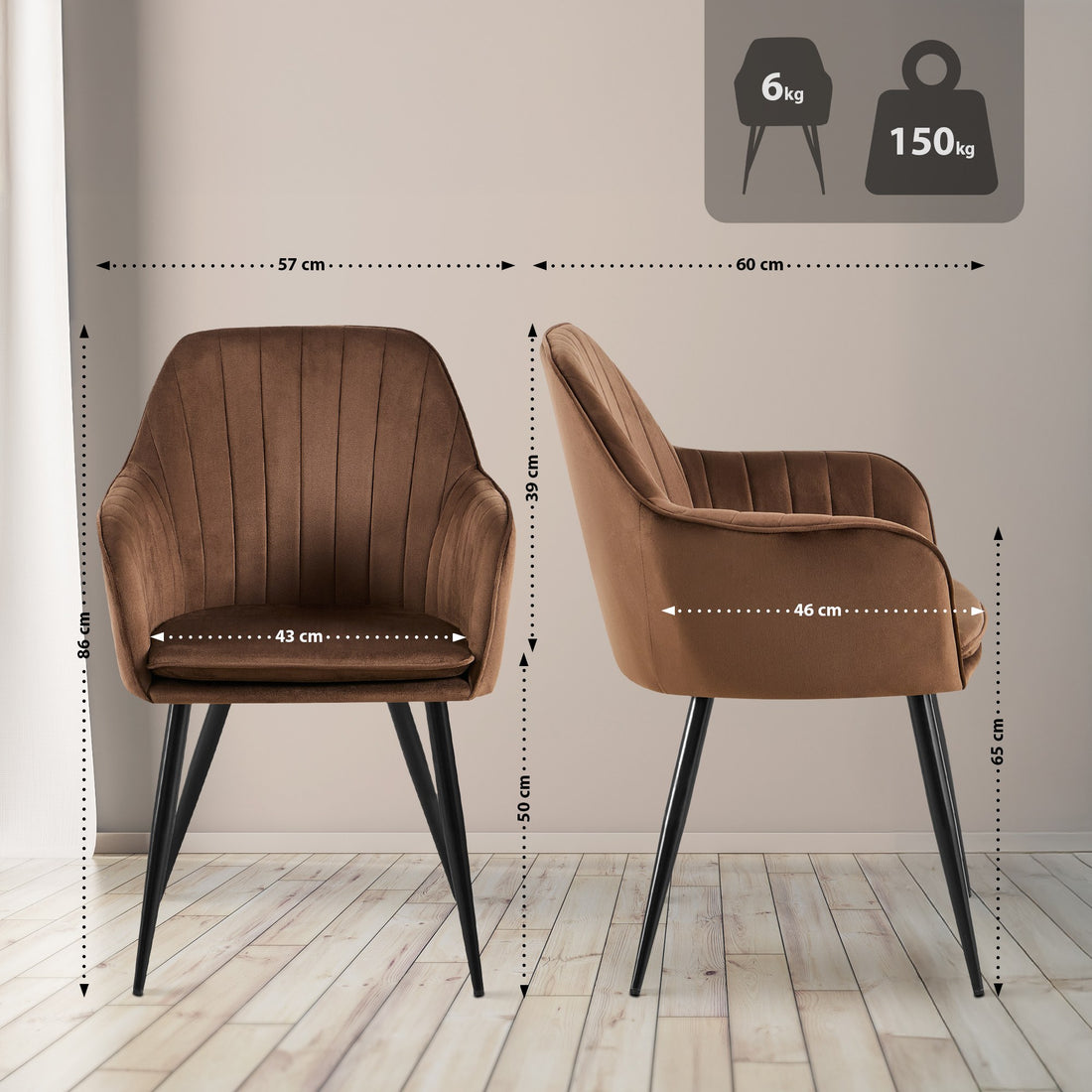 Eetkamerstoel Cheryl - Fluwelen Stoel - Ergonomisch Comfort - Zwart/Goud Frame Kleur bruin