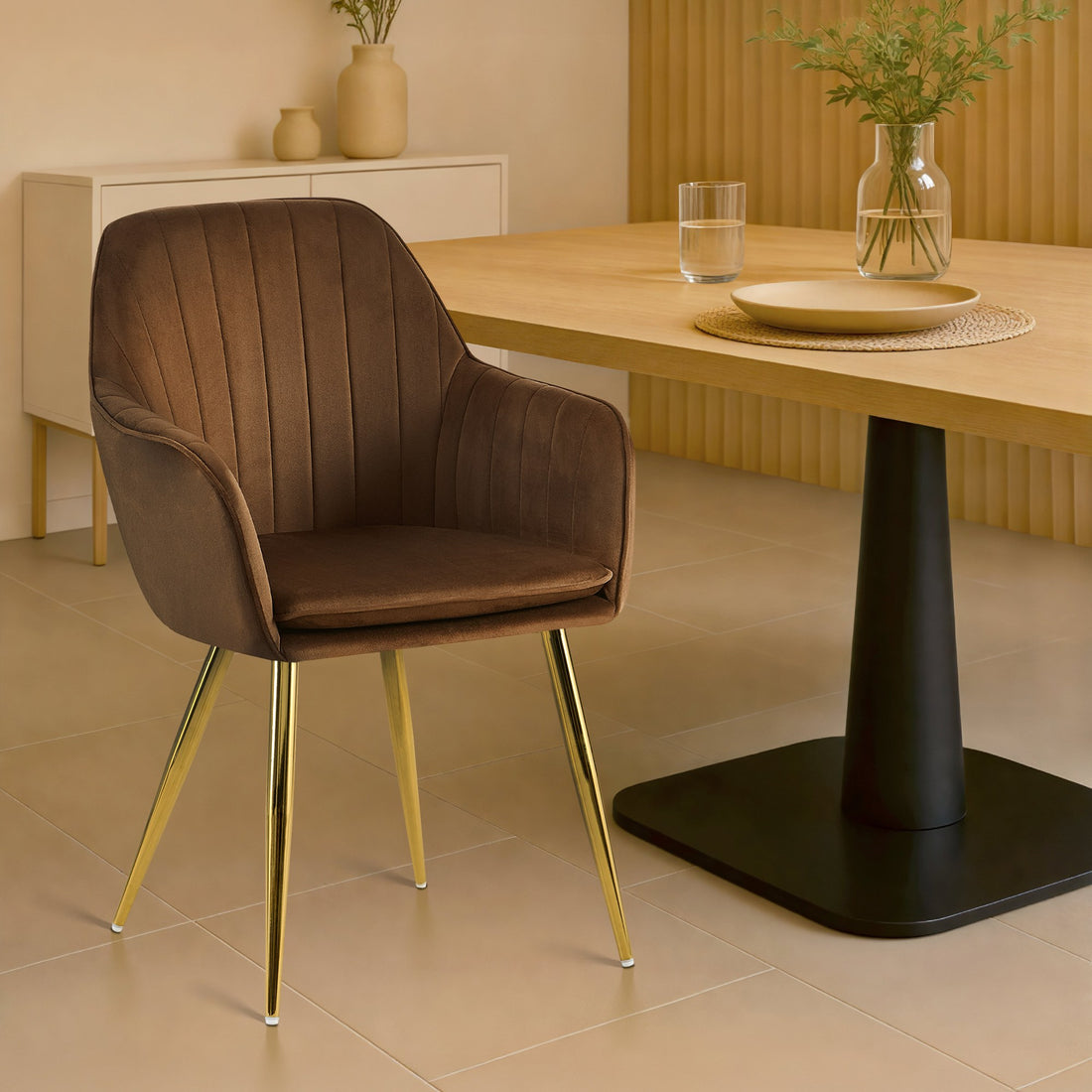 Fluwelen Eetkamerstoel - Moderne Zitstoel, Maximaal Comfort & Ergonomie, Stabiel Metalen Frame Kleur bruin