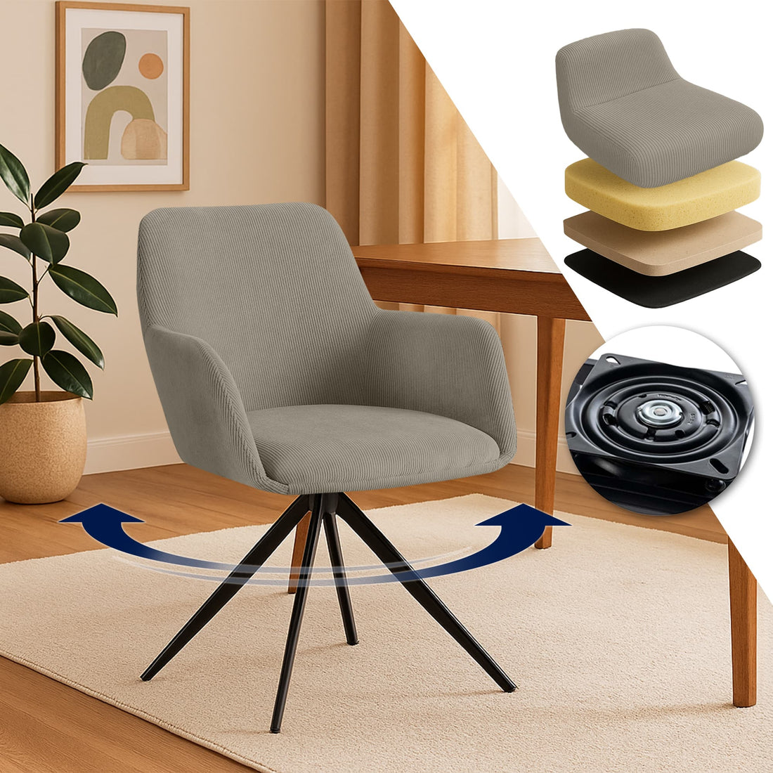 Eetkamerstoel Ribstof - Modern Design - 180° Draaifunctie - Geweldig Zitcomfort Kleur taupe