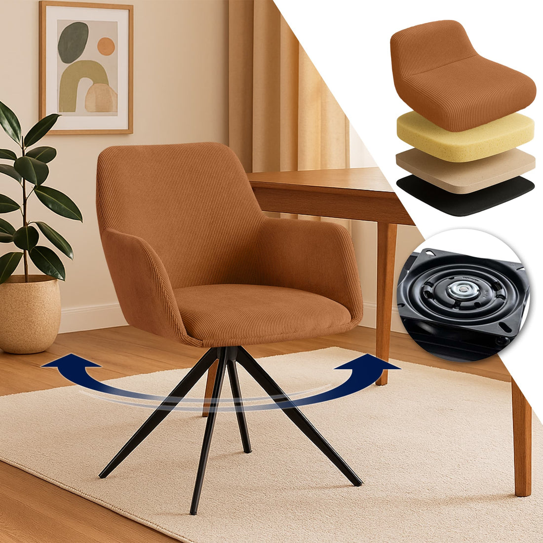 Eetkamerstoel Ribstof - Keukenstoel - Draaibaar Comfort - Modern Design Kleur oranje