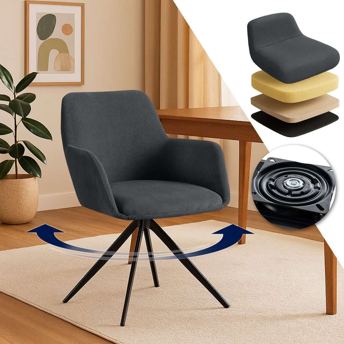 Eetkamerstoel Ribstof - Comfortabele Stoel - Draaibare Zitting en Auto-Terug-Functie Kleur zwart