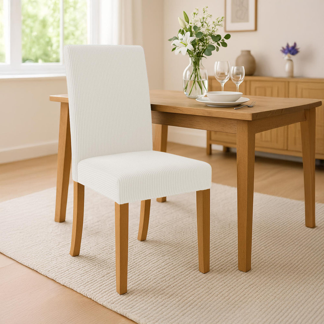 Eetkamerstoel Corduroy - Stoel met armleuningen - Hoog zitcomfort - Crème - Bodembeschermers Kleur crème