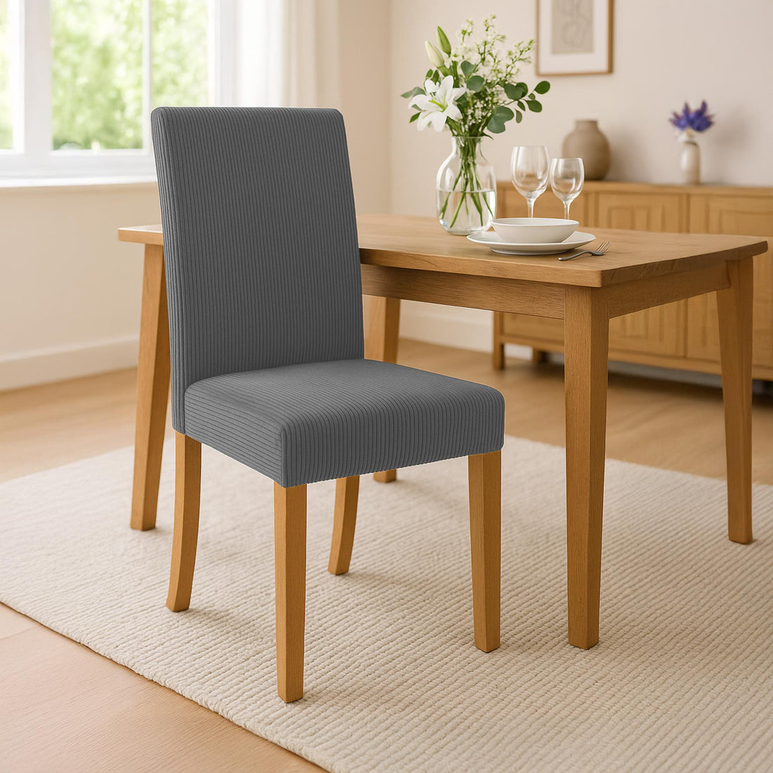 Moderne eetkamerstoel, grijze corduroy stoel, hoge zitcomfort, stevige houten poten Kleur grijs