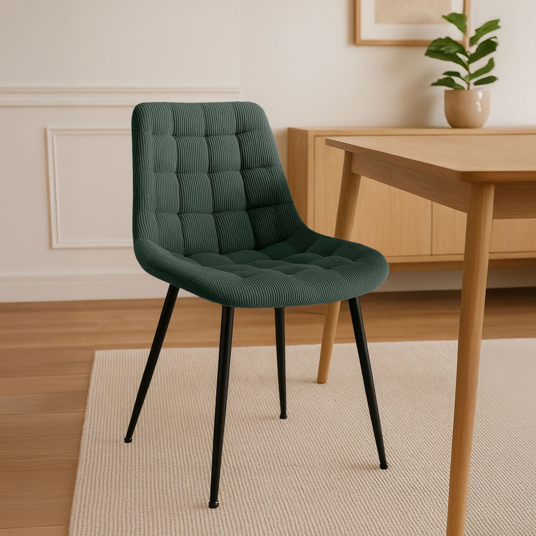 Eetkamerstoel Ribstof - Keukenstoel - Hoog Zitcomfort, Zwart Metalen Frame Kleur groen