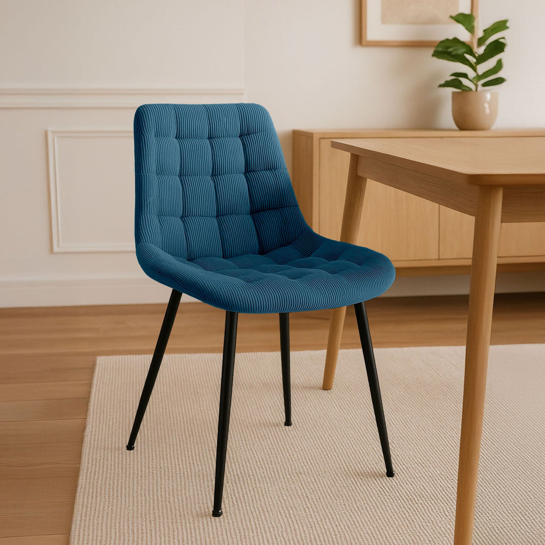 Blauwe Eetkamerstoel - Ribstof Design - Hoog Zitcomfort - Corduroy Stof Kleur blauw
