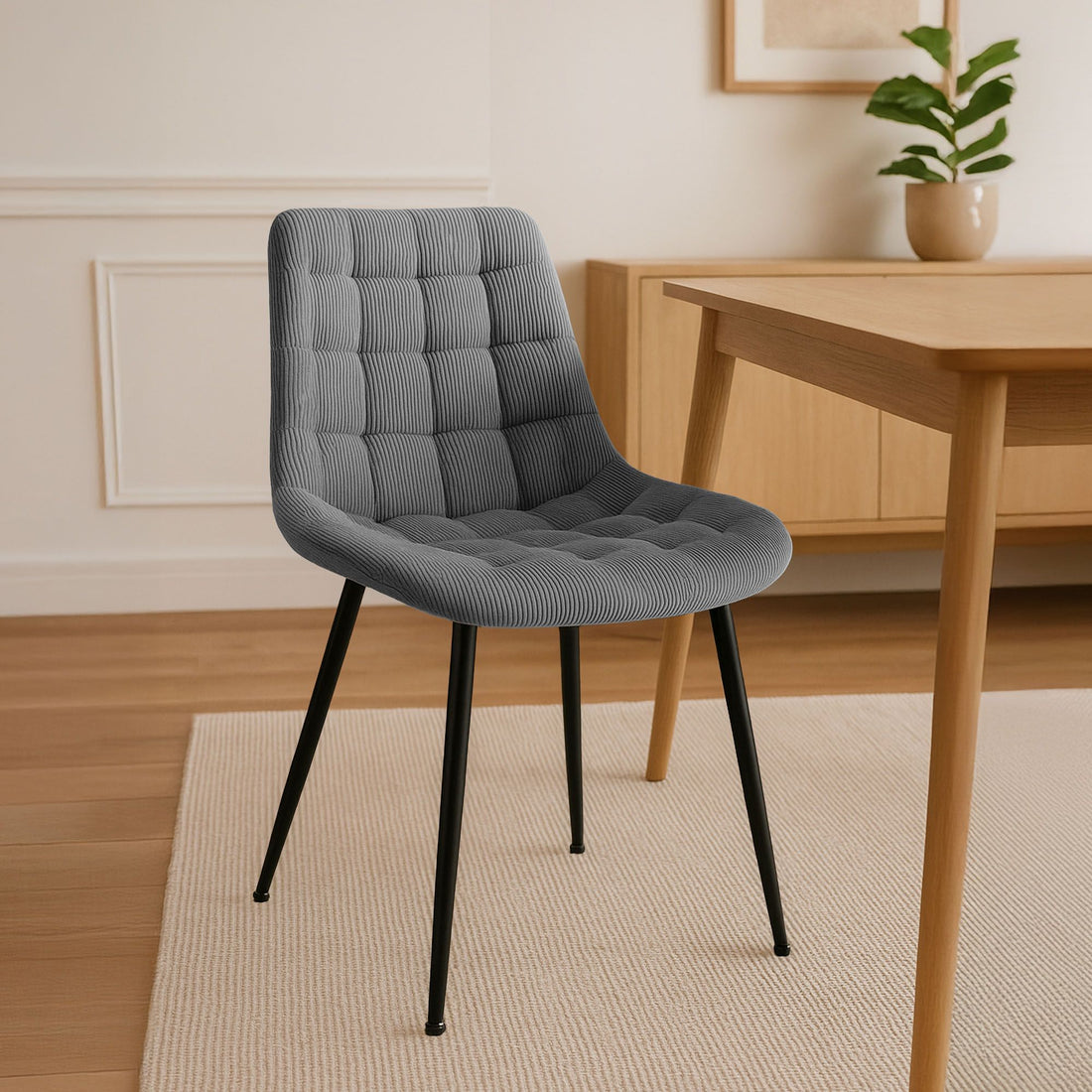 Eetkamerstoel Ribstof - Keukenstoel - Comfortabel Zitvlak, Zwart Metaal Frame Kleur grijs