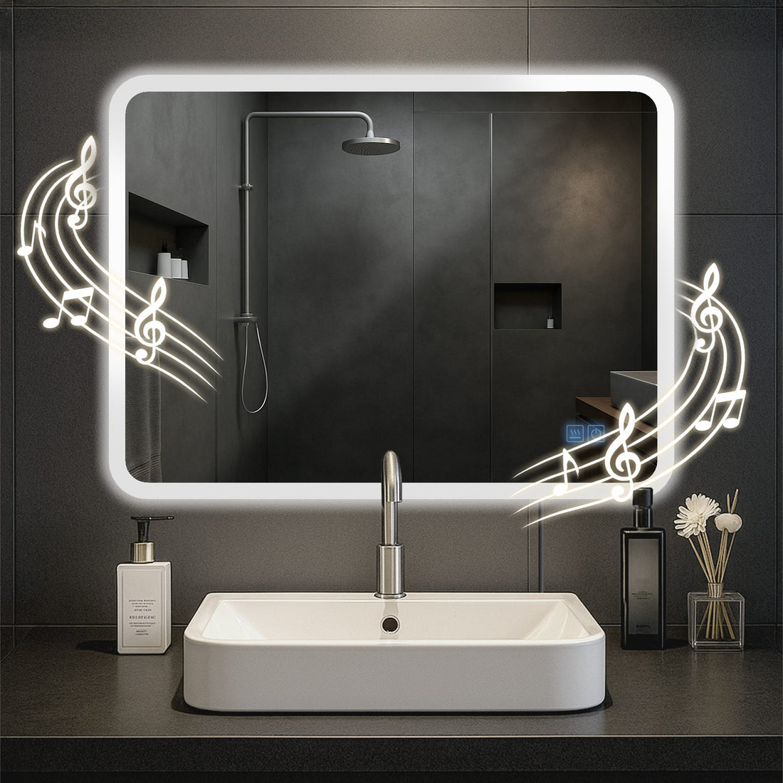 Badkamerspiegel met Bluetooth - Wandspiegel - LED Verlichting & Anti-condens Functie Kleur helderglas