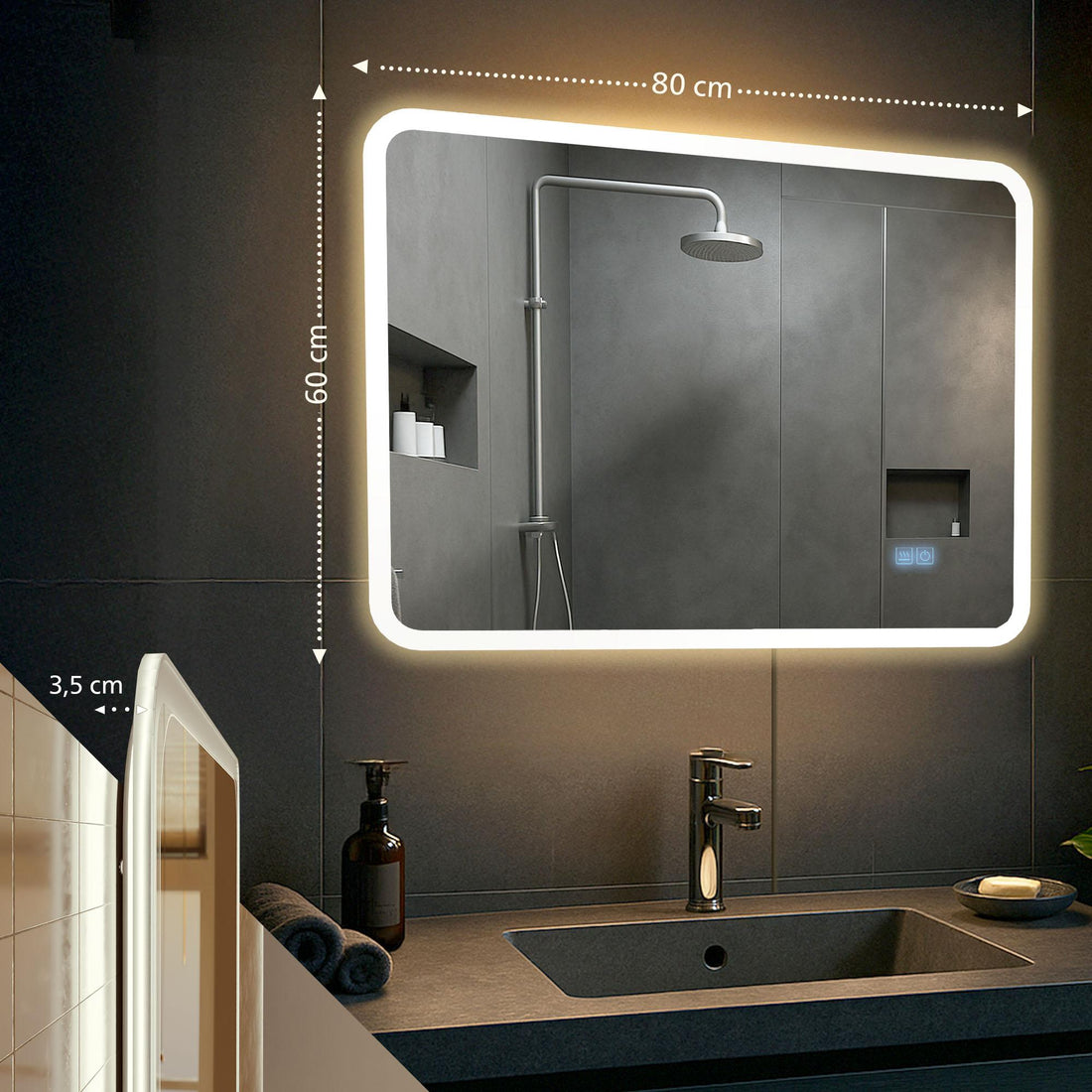 Badkamerspiegel met Bluetooth - Wandspiegel - LED Verlichting & Anti-condens Functie Kleur helderglas