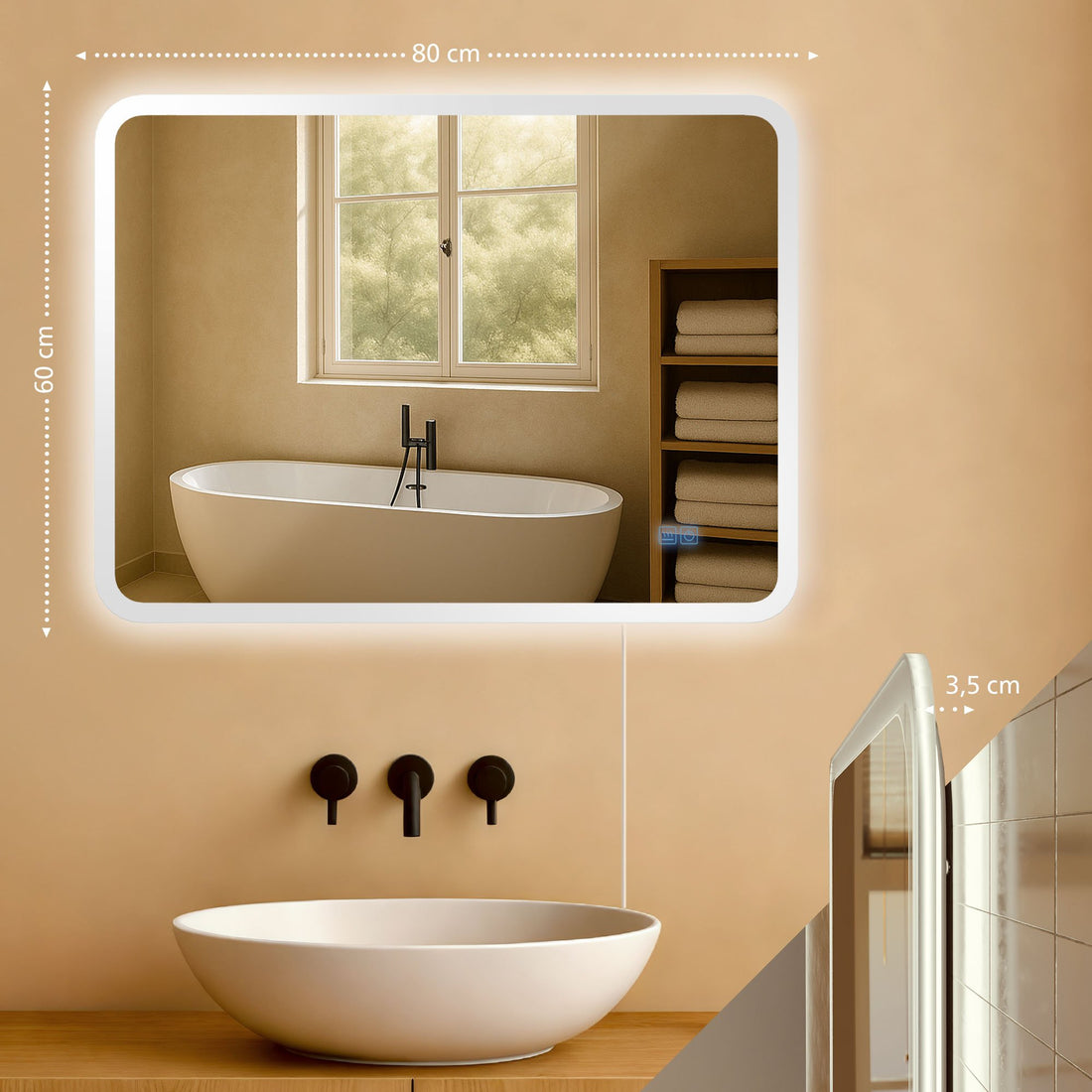 LED Badkamerspiegel, Wandspiegel, Anti-condensfunctie, Dimbare Verlichting Kleur helderglas