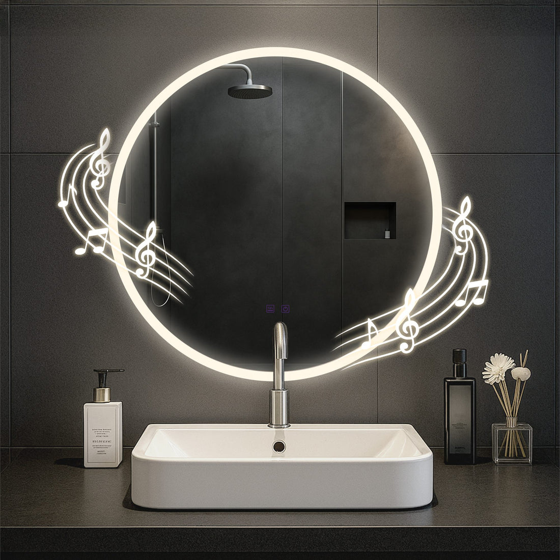 Ronde Badkamerspiegel - Wandspiegel - Bluetooth Speakers & Anticondens, Dimbare LED Verlichting Kleur helderglas
