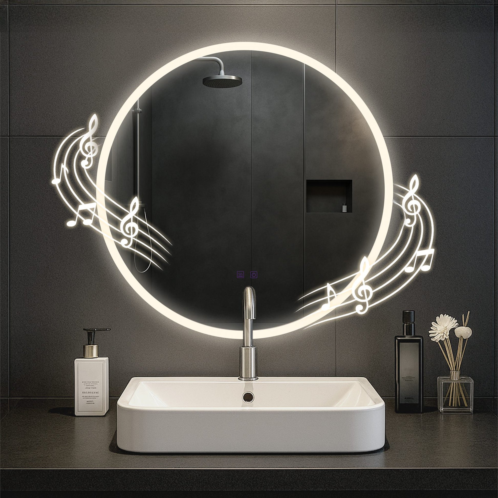 Ronde Badkamerspiegel - Wandspiegel - Bluetooth Speakers & Anticondens, Dimbare LED Verlichting Kleur helderglas