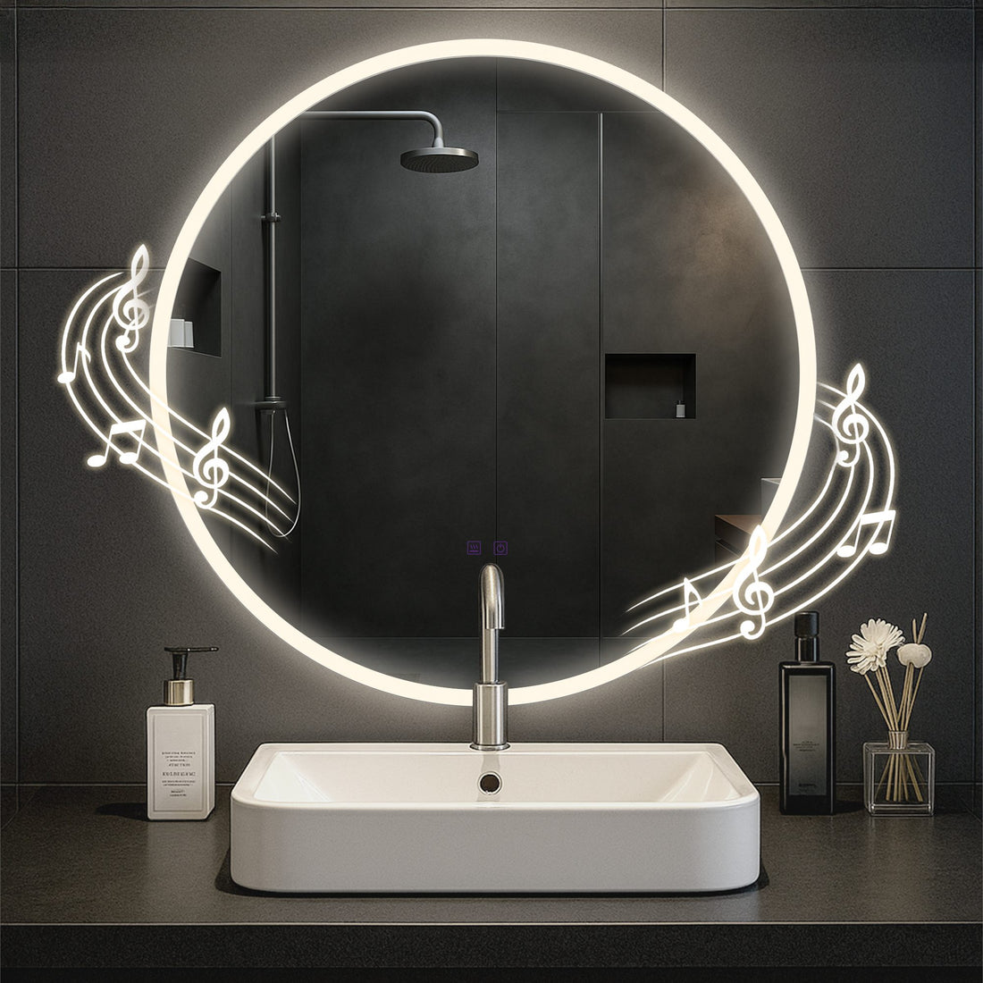 Ronde Badkamerspiegel - Make-up Spiegel - Bluetooth speakers, LED, anticondens, spatwaterdicht Kleur helder glas