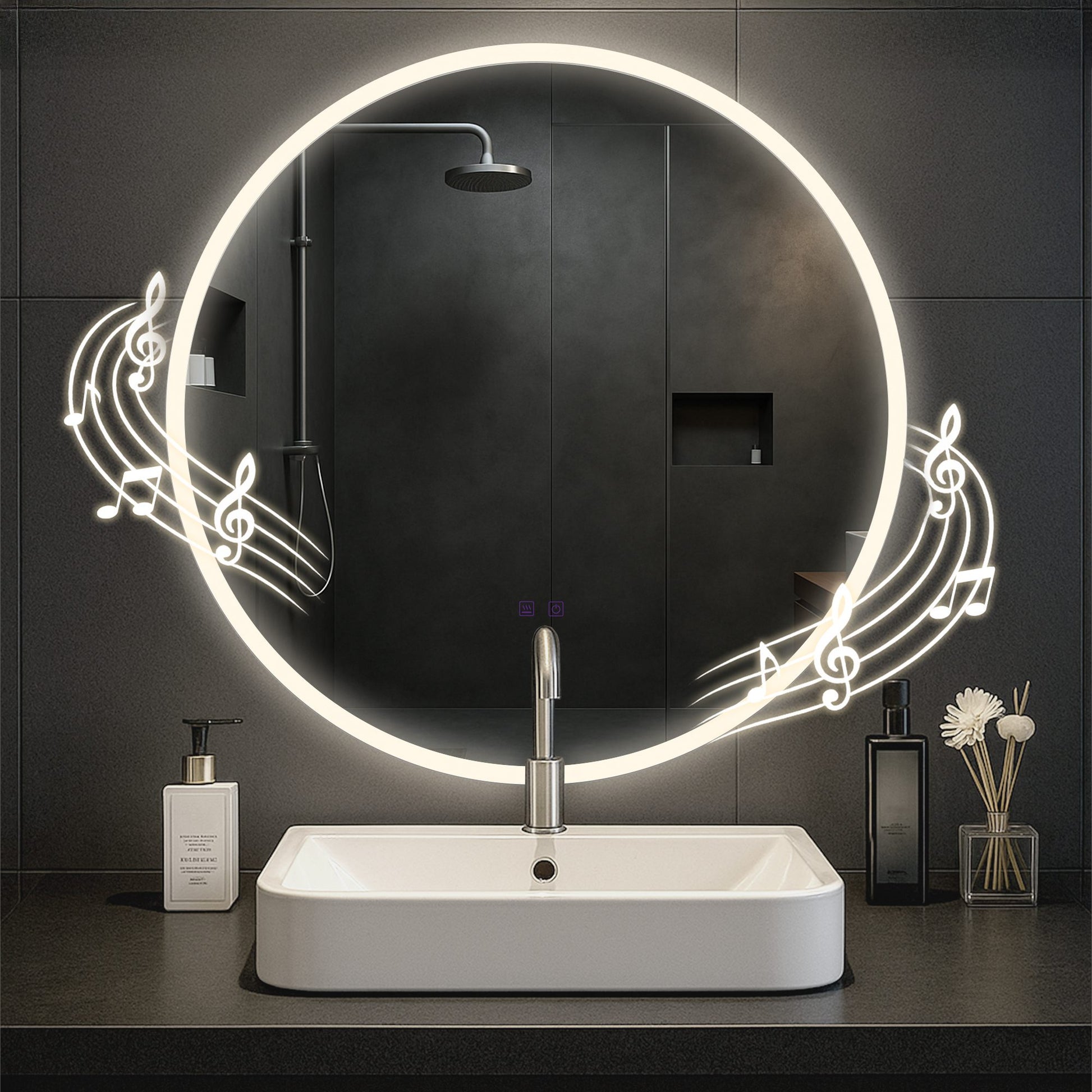Ronde Badkamerspiegel - Make-up Spiegel - Bluetooth speakers, LED, anticondens, spatwaterdicht Kleur helder glas