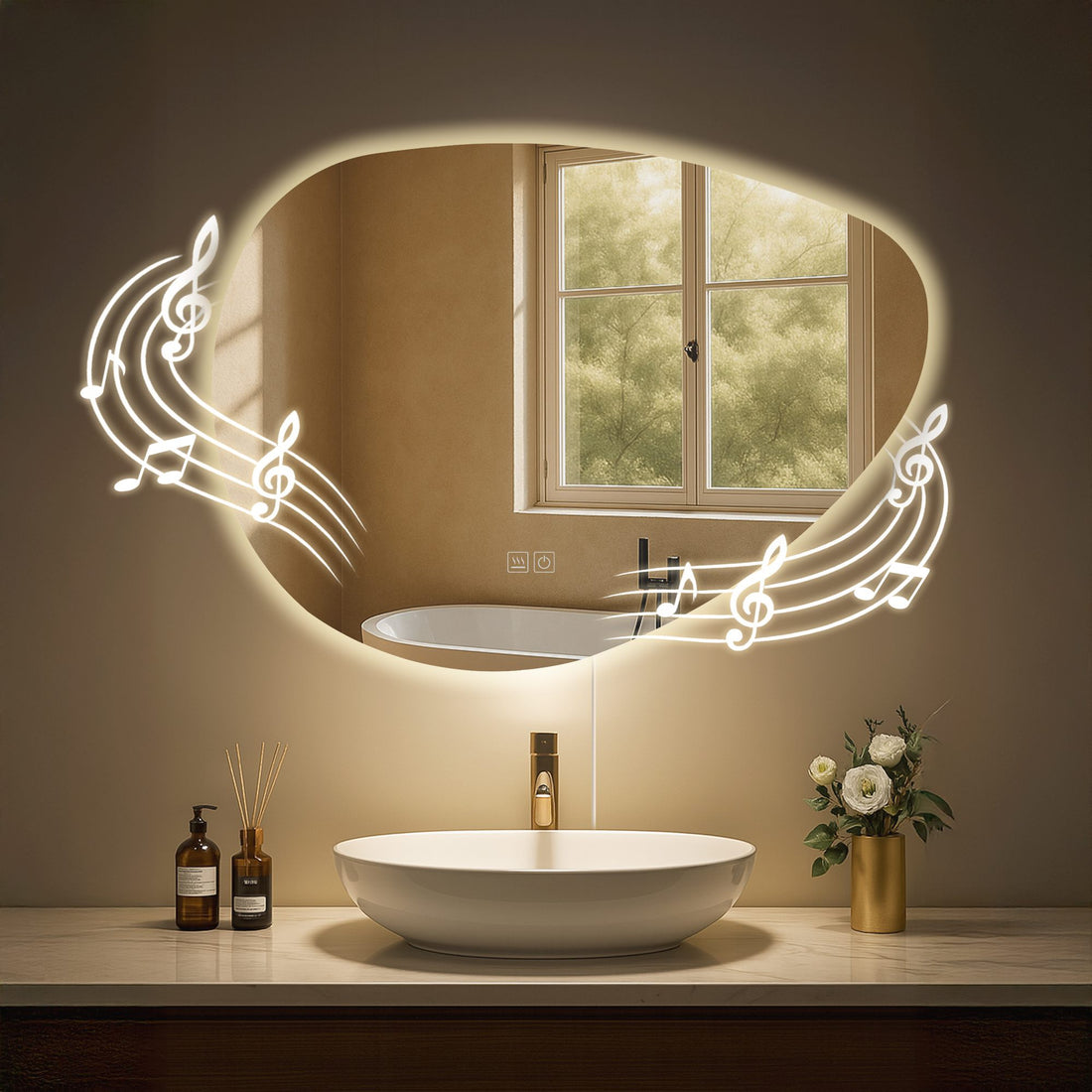 Bluetooth badkamerspiegel, wandspiegel, LED-verlichting & anti-condens, IP44, dimbaar, Kleur helder glas