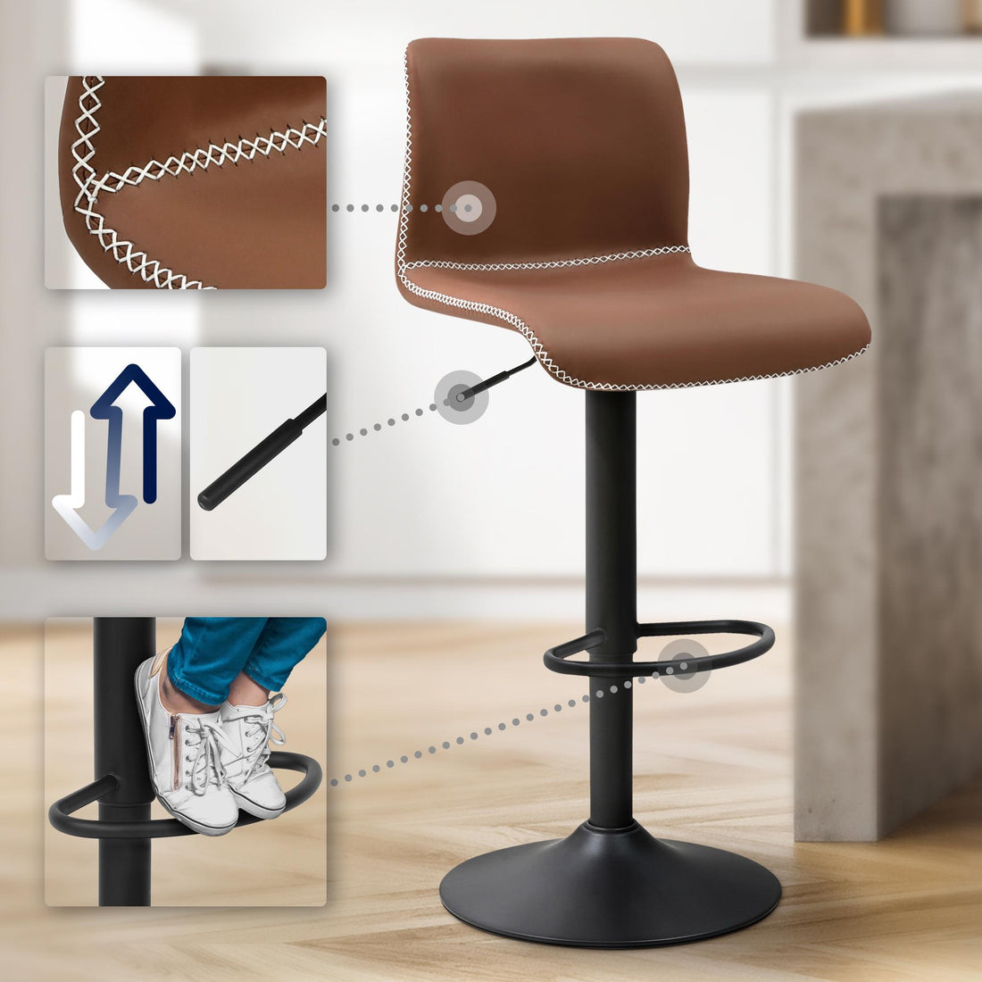 Barkruk Kunstleer - Kruk - Verstelbaar Comfort, 360° Draaibaar Matzwart Frame Kleur bruin