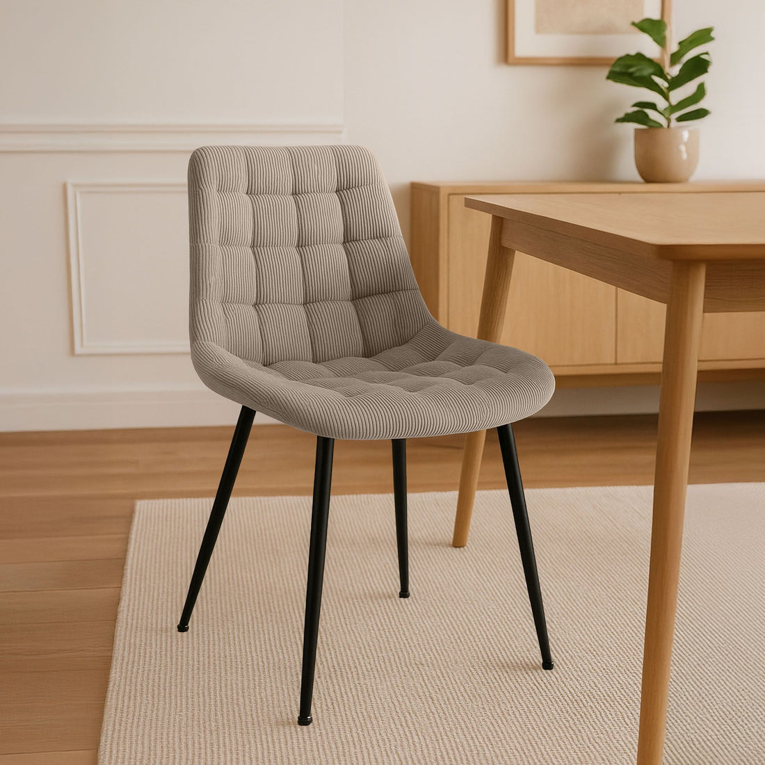Eetkamerstoel Taupe Ribstof - Keukenstoel - Hoog Zitcomfort, Zwart Metalen Frame Kleur taupe