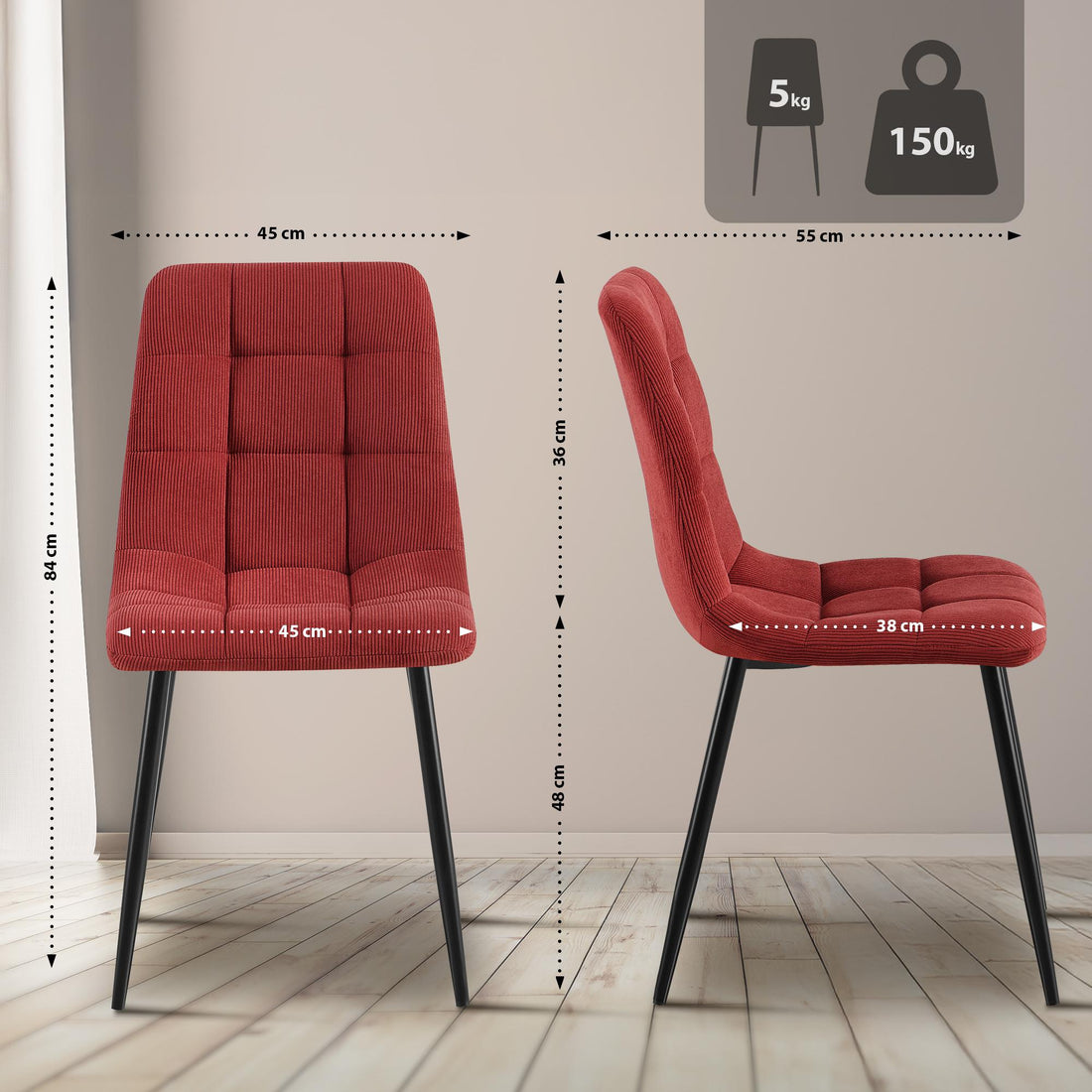 Eetkamerstoel Ribfluweel - Velvet - Comfortabel en Stabiel Design Kleur bordeauxrood