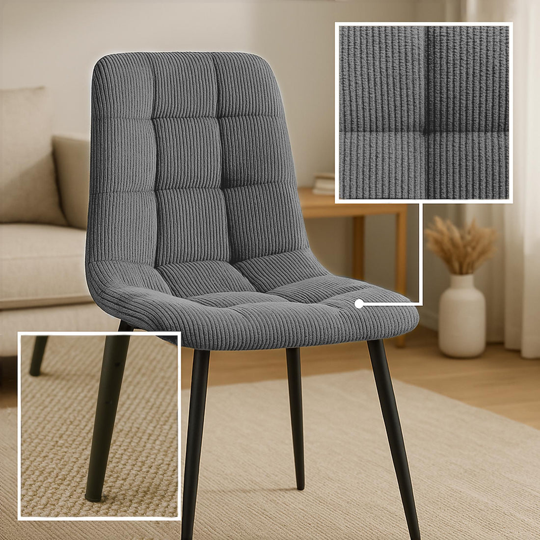 Eetkamerstoel Corduroy - Gestoffeerde Stoel - Hoog Zitcomfort - Modern Ontwerp Kleur grijs