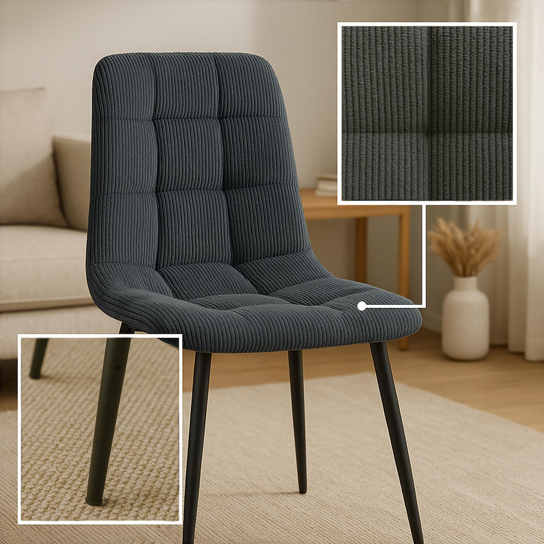 Eetkamerstoel - Dining Chair - Comfortabele Bekleding, Moderne Metalen Onderstel Kleur zwart