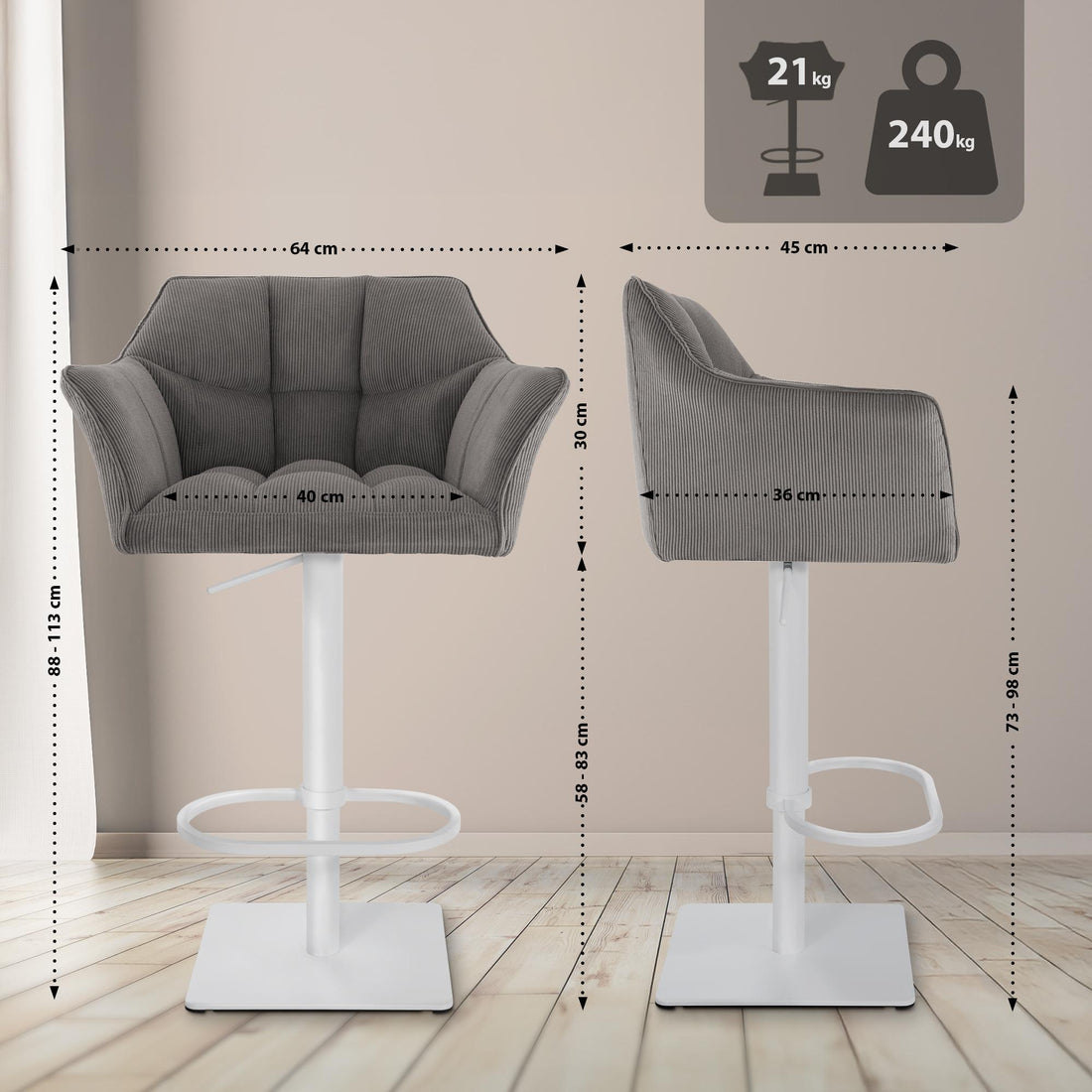 Barkruk modern – Hoge stoel – Verstelbaar, 240 kg draagvermogen – Stijlvol & duurzaam roestvrij Kleur taupe