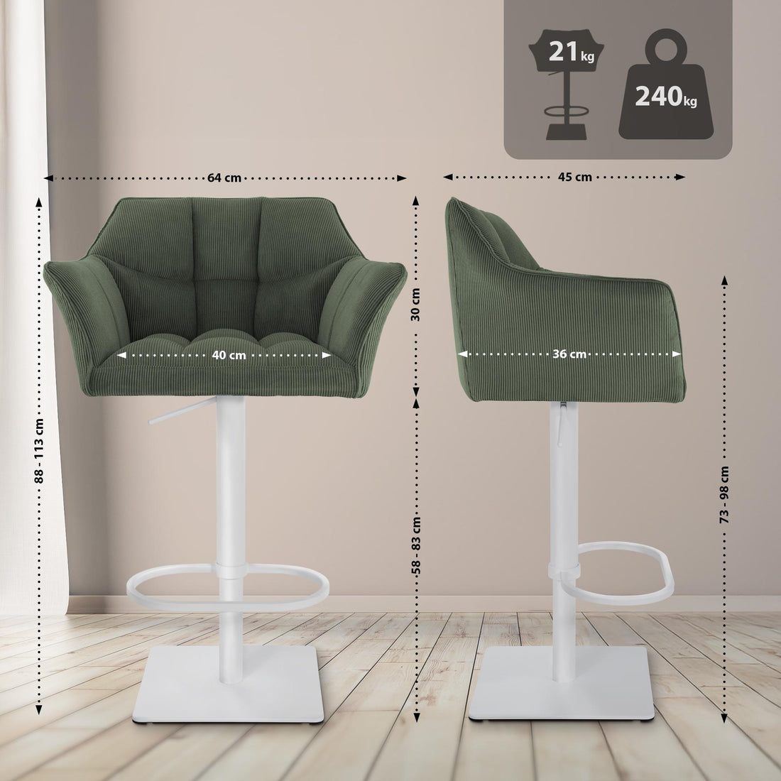Barkruk Damaso - Barstoel - Modern design, hoogteverstelbaar, roestvrij staal, 240 kg draagvermogen Kleur groen