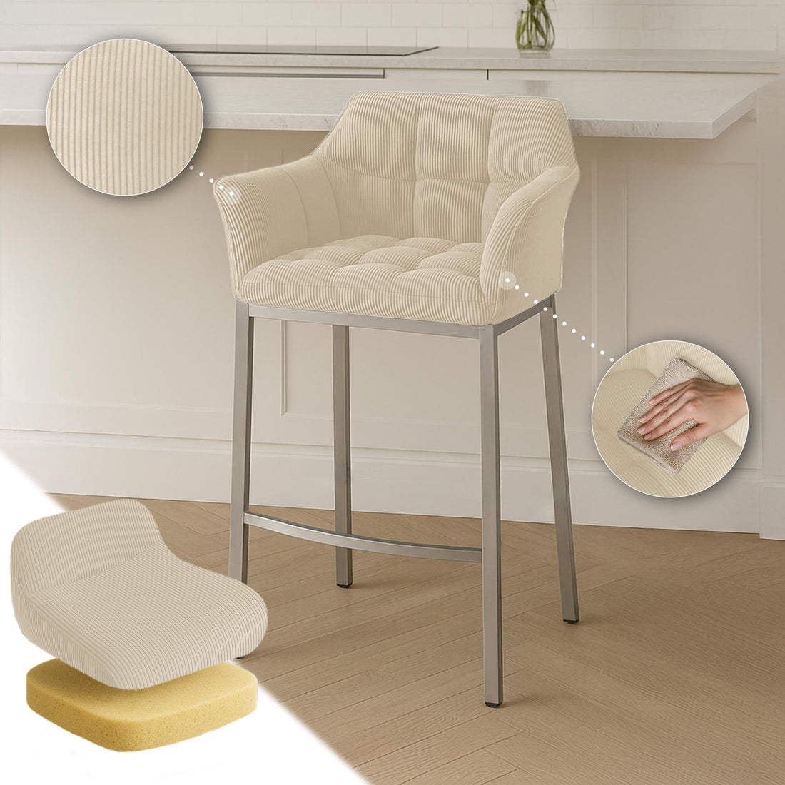 Barkruk Corduroy - Moderne Hoge Kruk - Extra draagkracht tot 240 kg, comfortabel & stabiel Kleur crème