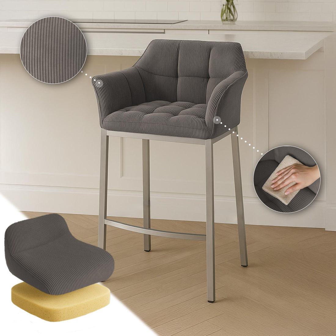 Barkruk Corduroy Stoffering - Barstoel - Ergonomisch & Extra Stevig tot 240kg, Metalen Frame Kleur taupe