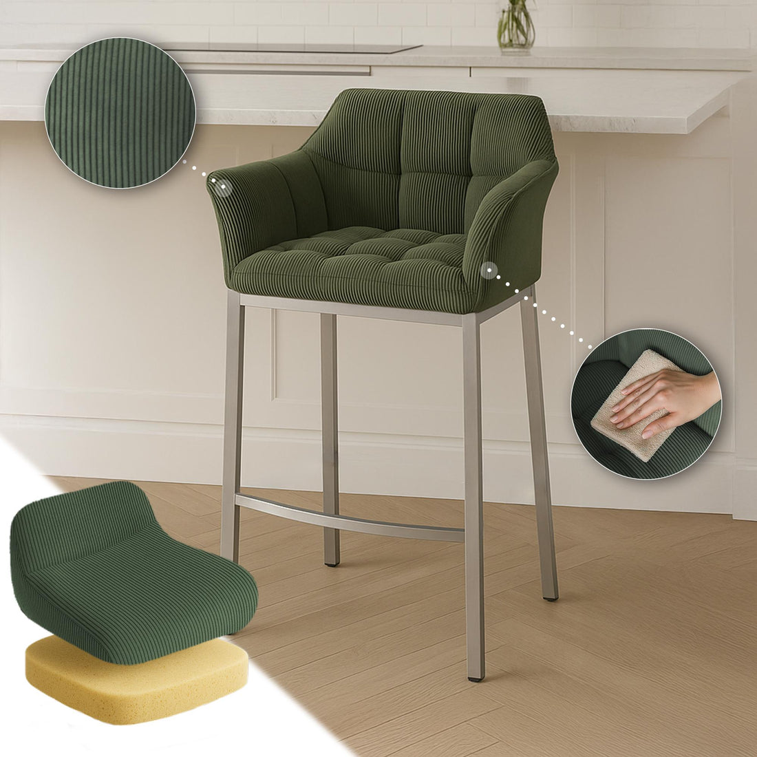 Barkruk Corduroy - Moderne Hoge Stoel - Comfortabele Zitting & 240kg Draagkracht, Metalen Frame Kleur groen