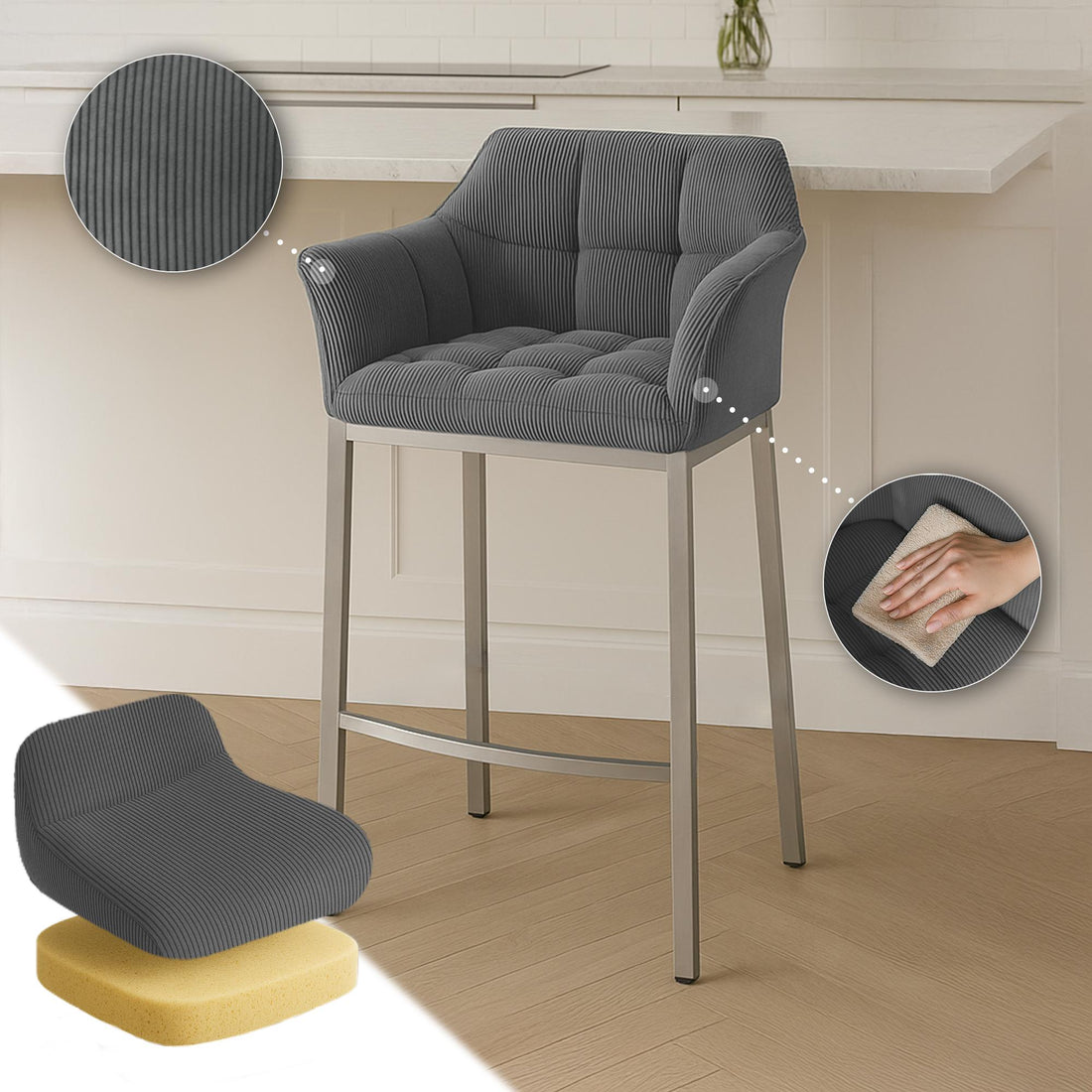 Moderne Barkruk – Design Kruk – Comfortabel & Stevig – Cordbekleding – Metalen Vierpootsframe Kleur grijs