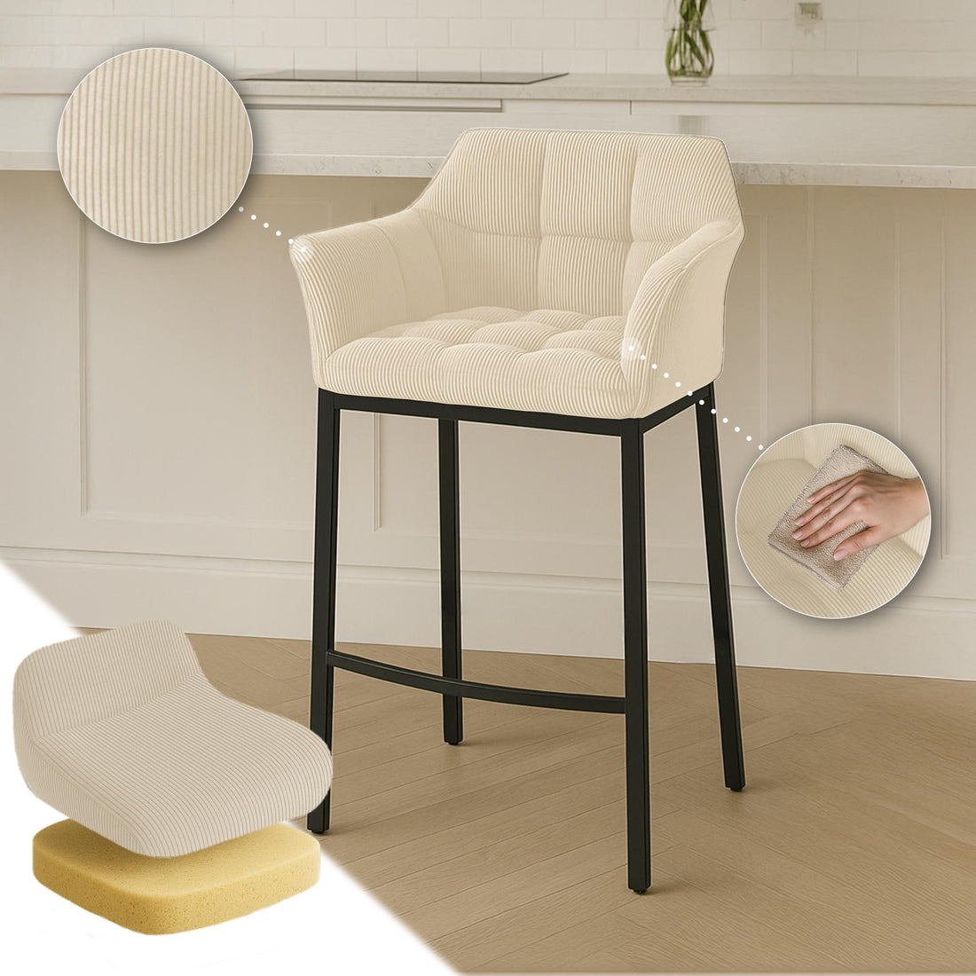 Barkruk Ribstof – Hoge Draagkracht – Comfortabele Zitting & Rugleuning – Vierpoots Metalen Frame Kleur crème