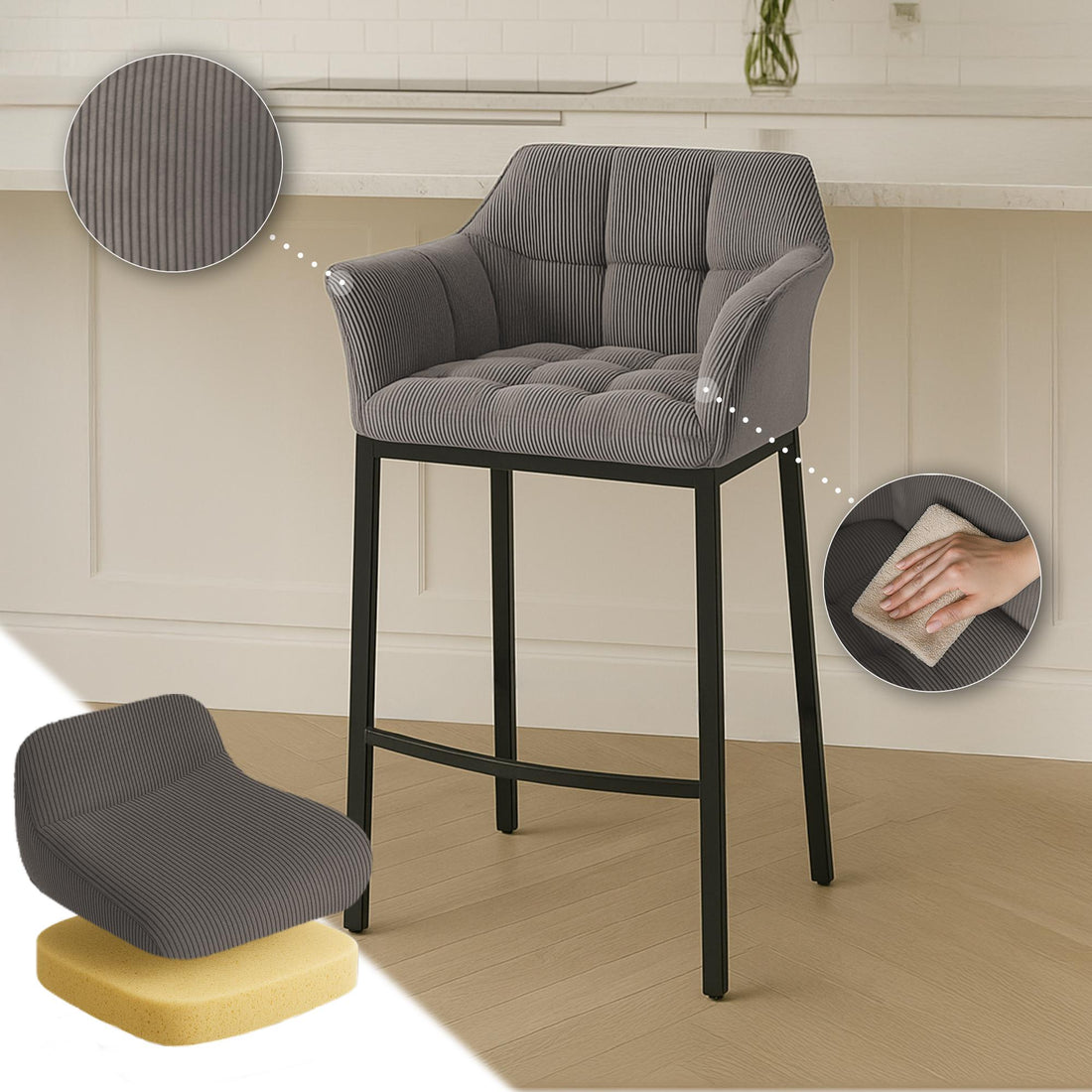 Barkruk Moderne Corduroy - Hoge kruk - 240kg belastbaar en extra comfort - Metalen frame Kleur taupe