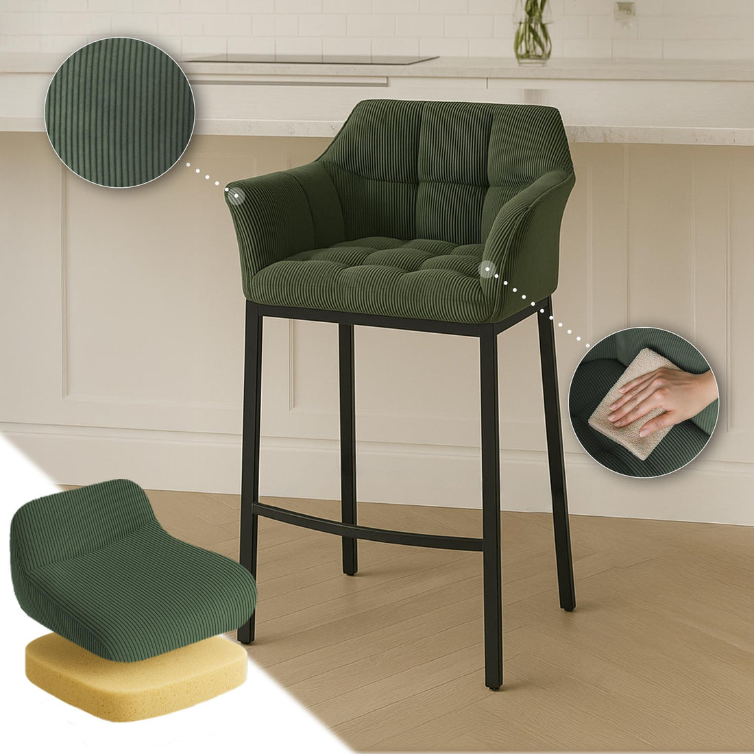 Barkruk Corduroy Groen - Barstoel - Metalen Frame - 240 kg draagkracht - Comfortabele zitervaring Kleur groen