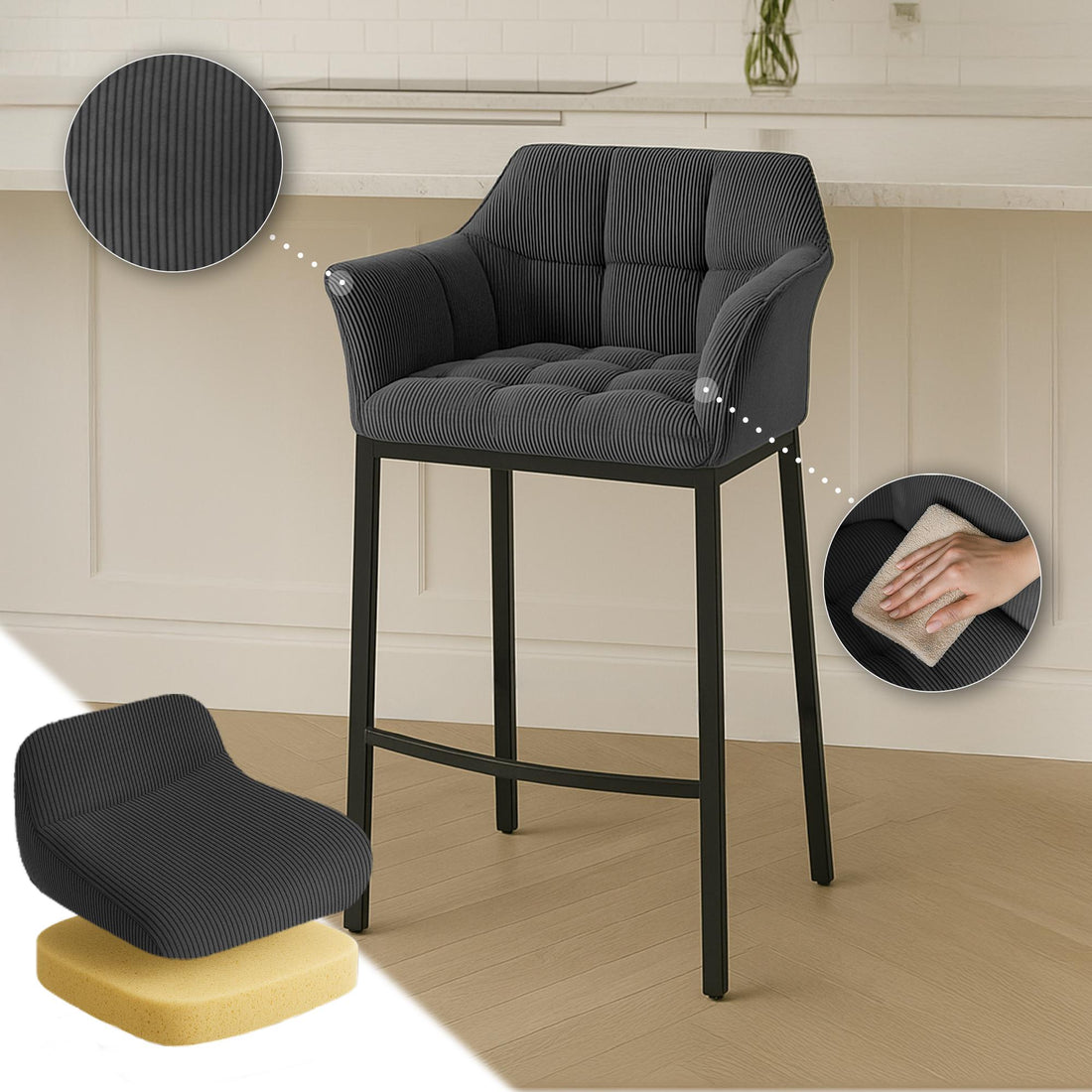 Barkruk Corduroy Bekleding – Barstoel – Hoog draagvermogen, Comfortabele Zit, Met Vierpootsframe Kleur donkergrijs