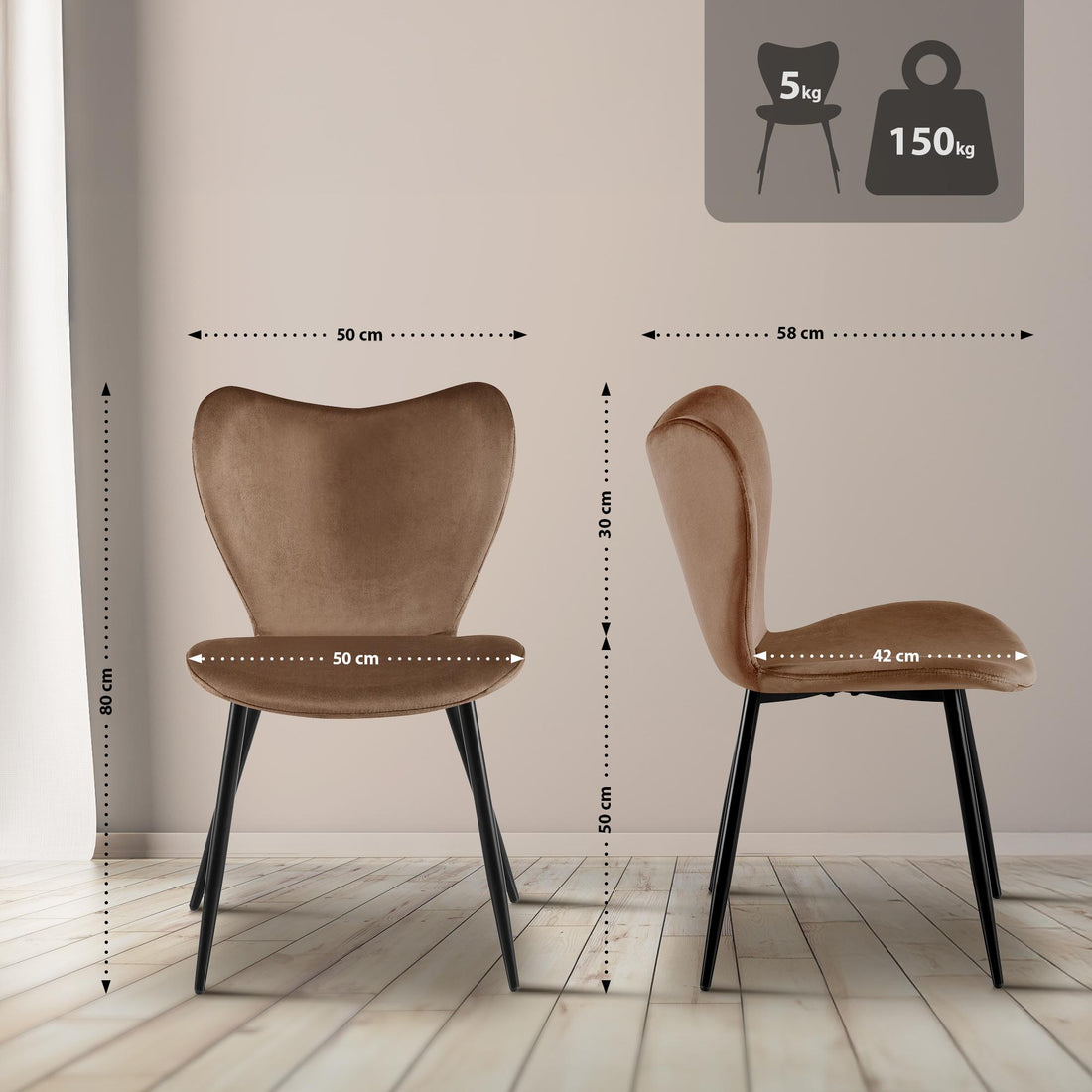 Bruine Fluwelen Eetkamerstoel - Luxe Keukenstoel - Ergonomisch Comfort & Stevig Metaal Frame Kleur bruin